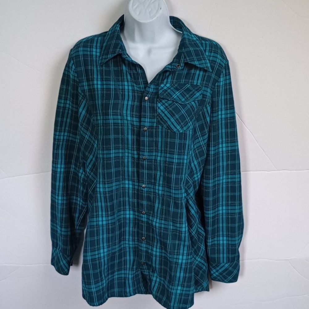 Small Women's Athleta Teal Plaid Tunic Front Snap Long Sleeve Flannel Shirt